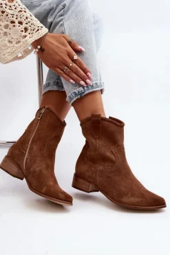 Hot 3329 Zamszowe Botki Kowbojki Na Niskim Obcasie Brązowe Damskie Botki Wiosenne|Botki Skórzane