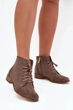 Best Zazoo 2964 Zamszowe Botki Na Płaskim Obcasie Ciemnobeżowe Beżowy