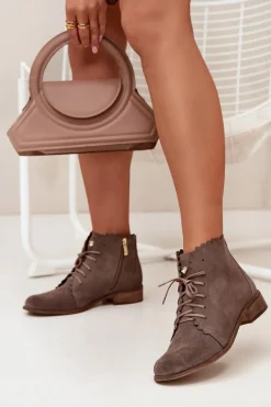 Best Zazoo 2964 Zamszowe Botki Na Płaskim Obcasie Ciemnobeżowe Beżowy