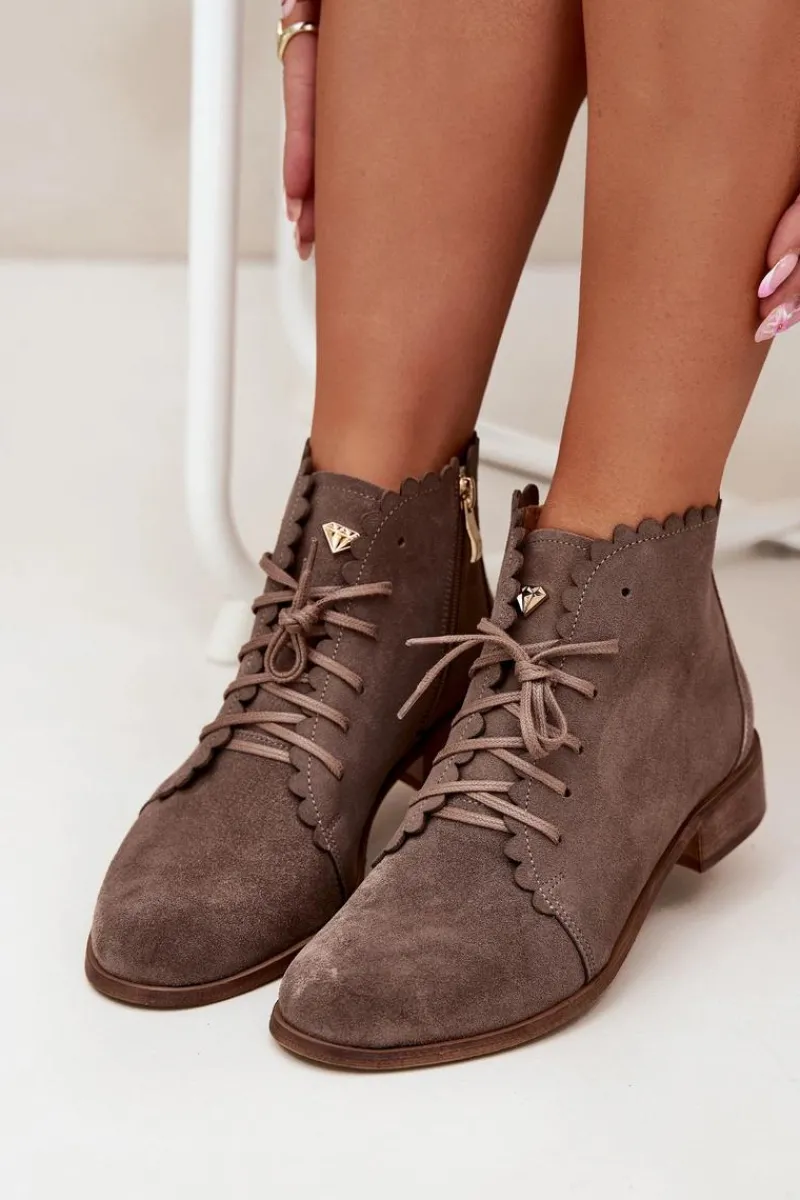 Best Zazoo 2964 Zamszowe Botki Na Płaskim Obcasie Ciemnobeżowe Beżowy