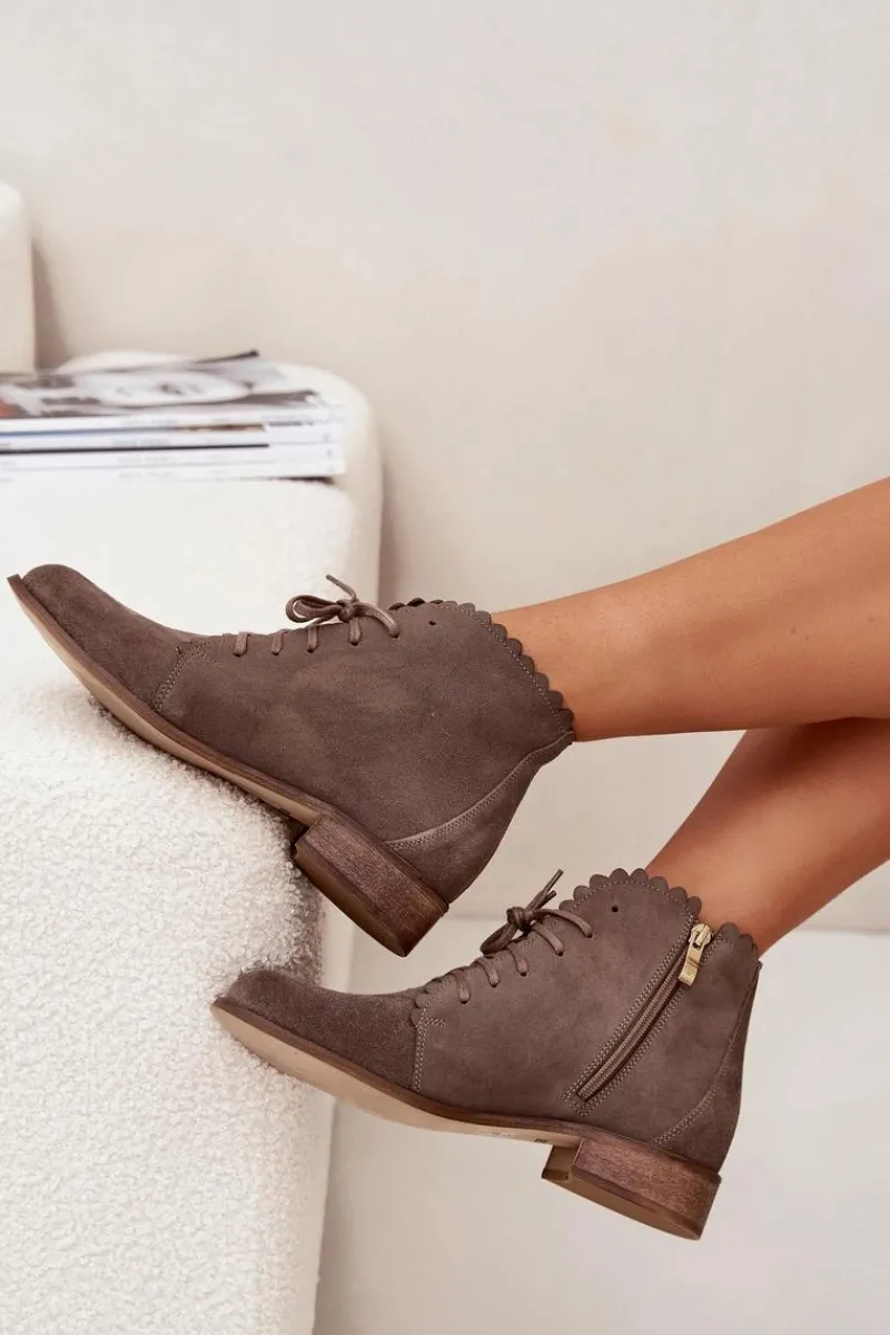 Best Zazoo 2964 Zamszowe Botki Na Płaskim Obcasie Ciemnobeżowe Beżowy