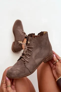 Best Zazoo 2964 Zamszowe Botki Na Płaskim Obcasie Ciemnobeżowe Beżowy