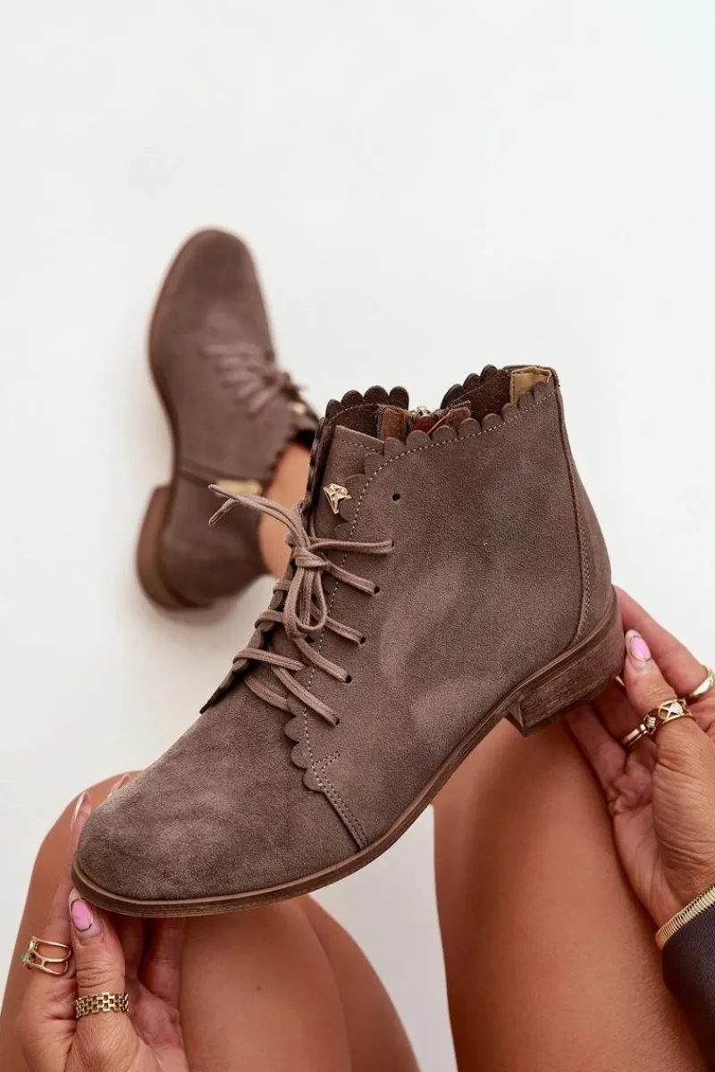 Best Zazoo 2964 Zamszowe Botki Na Płaskim Obcasie Ciemnobeżowe Beżowy