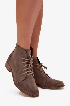 Best Zazoo 2964 Zamszowe Botki Na Płaskim Obcasie Ciemnobeżowe Beżowy