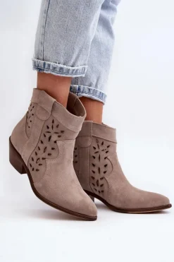 New Zazoo 2870 Zamszowe Botki Na Niskim Obcasie Ażurowe Beżowe