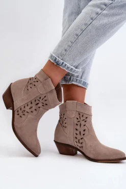 New Zazoo 2870 Zamszowe Botki Na Niskim Obcasie Ażurowe Beżowe