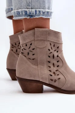 New Zazoo 2870 Zamszowe Botki Na Niskim Obcasie Ażurowe Beżowe