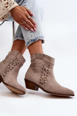 New Zazoo 2870 Zamszowe Botki Na Niskim Obcasie Ażurowe Beżowe