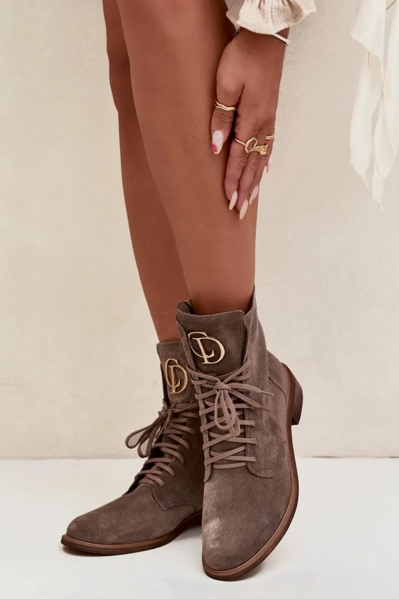 Botki Sznurowane|Botki Płaskie>Zazoo 2955 Zamszowe Botki Workery Ze Złotym Detalem Na Języku Ciemnobeżowe Beżowy