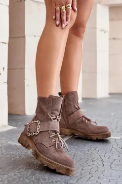 Best Zazoo 2951 Zamszowe Botki Z Ozdobną Klamrą Ciemnobeżowe Beżowy