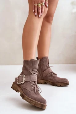 Best Zazoo 2951 Zamszowe Botki Z Ozdobną Klamrą Ciemnobeżowe Beżowy