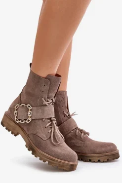 Best Zazoo 2951 Zamszowe Botki Z Ozdobną Klamrą Ciemnobeżowe Beżowy