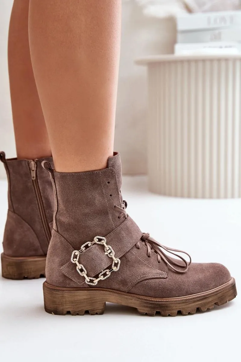 Best Zazoo 2951 Zamszowe Botki Z Ozdobną Klamrą Ciemnobeżowe Beżowy