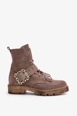 Best Zazoo 2951 Zamszowe Botki Z Ozdobną Klamrą Ciemnobeżowe Beżowy