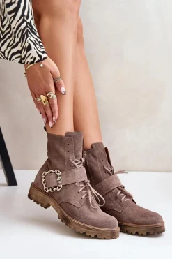 Best Zazoo 2951 Zamszowe Botki Z Ozdobną Klamrą Ciemnobeżowe Beżowy