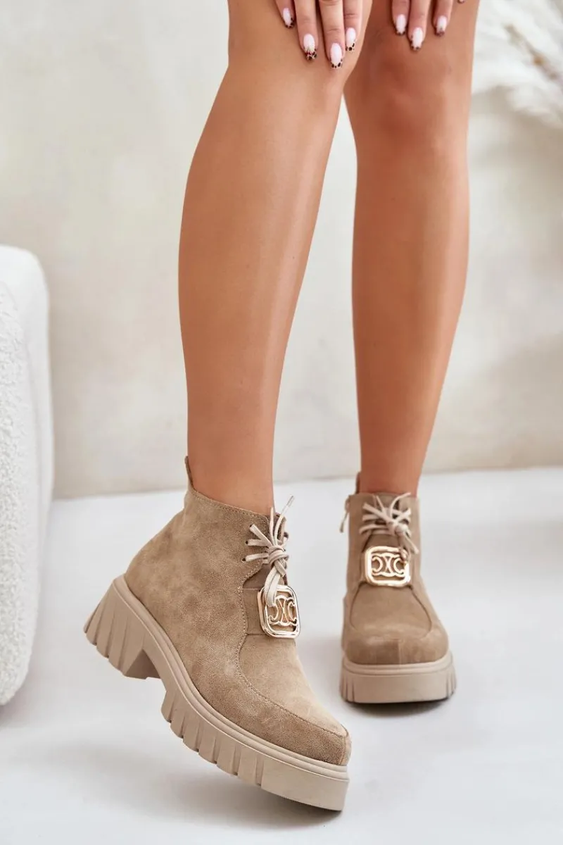 Botki Sznurowane|Brązowe I Beżowe Botki>Zazoo 2952 Zamszowe Botki Ze Złotą Ozdobą Beżowe Beżowy