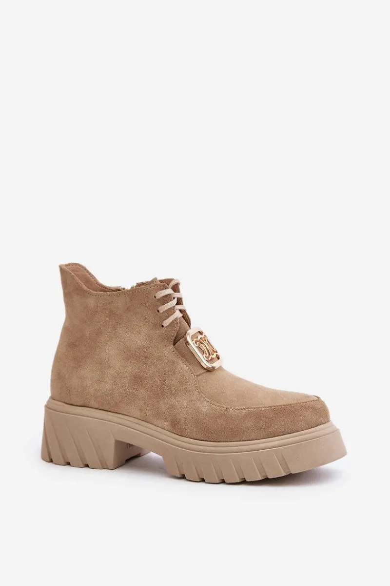 Botki Sznurowane|Brązowe I Beżowe Botki>Zazoo 2952 Zamszowe Botki Ze Złotą Ozdobą Beżowe Beżowy