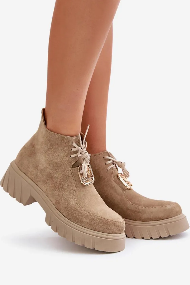 Botki Sznurowane|Brązowe I Beżowe Botki>Zazoo 2952 Zamszowe Botki Ze Złotą Ozdobą Beżowe Beżowy