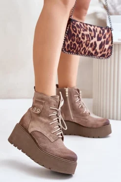 Sale 60499 Zamszowe Damskie Botki Na Platformie I Koturnie Ocieplane Beżowe Damskie Botki Ocieplane|Botki Skórzane