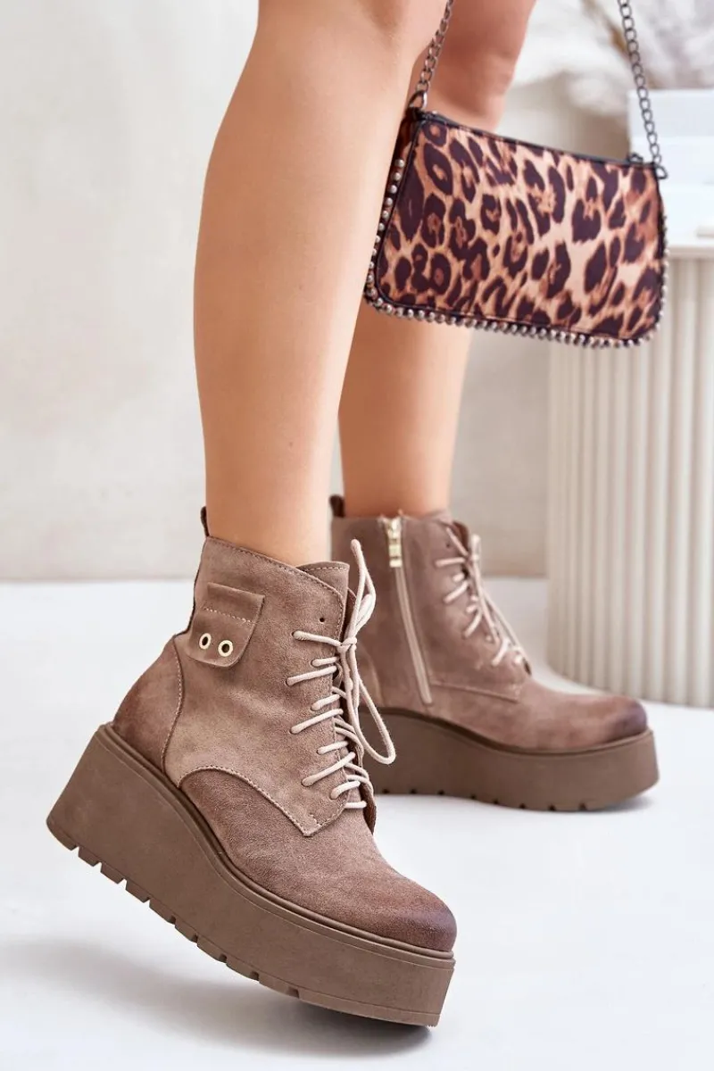 Sale 60499 Zamszowe Damskie Botki Na Platformie I Koturnie Ocieplane Beżowe Damskie Botki Ocieplane|Botki Skórzane