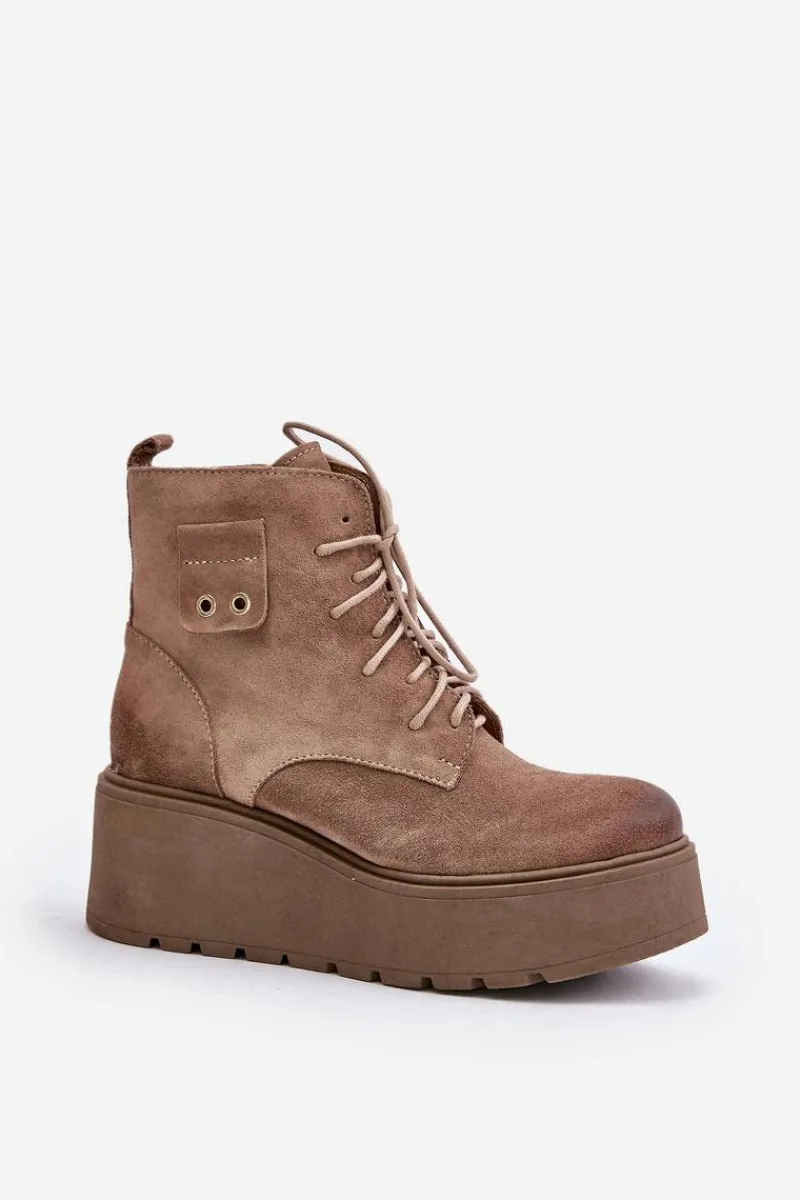 Sale 60499 Zamszowe Damskie Botki Na Platformie I Koturnie Ocieplane Beżowe Damskie Botki Ocieplane|Botki Skórzane