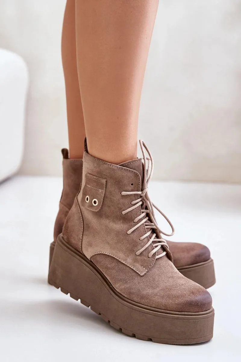 Sale 60499 Zamszowe Damskie Botki Na Platformie I Koturnie Ocieplane Beżowe Damskie Botki Ocieplane|Botki Skórzane