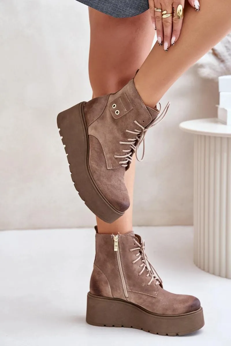 Sale 60499 Zamszowe Damskie Botki Na Platformie I Koturnie Ocieplane Beżowe Damskie Botki Ocieplane|Botki Skórzane