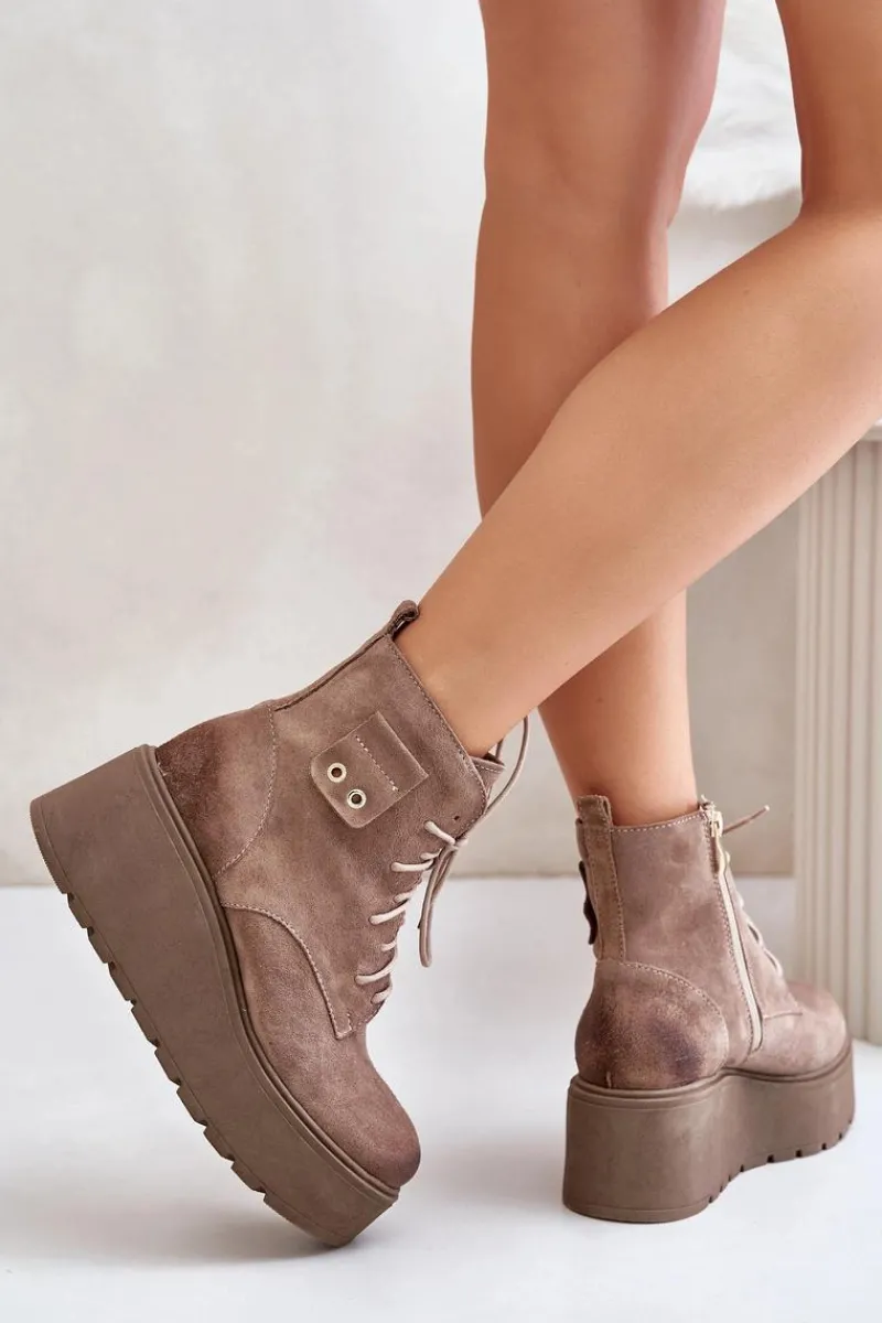 Sale 60499 Zamszowe Damskie Botki Na Platformie I Koturnie Ocieplane Beżowe Damskie Botki Ocieplane|Botki Skórzane