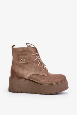 Sale 60499 Zamszowe Damskie Botki Na Platformie I Koturnie Ocieplane Beżowe Damskie Botki Ocieplane|Botki Skórzane