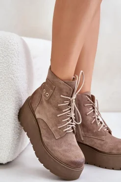 Sale 60499 Zamszowe Damskie Botki Na Platformie I Koturnie Ocieplane Beżowe Damskie Botki Ocieplane|Botki Skórzane