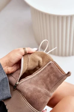 Sale 60499 Zamszowe Damskie Botki Na Platformie I Koturnie Ocieplane Beżowe Damskie Botki Ocieplane|Botki Skórzane