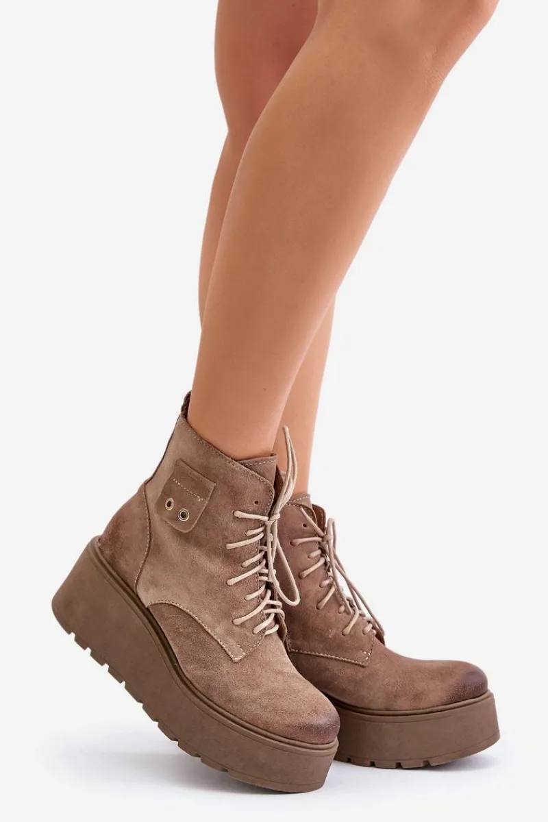 Sale 60499 Zamszowe Damskie Botki Na Platformie I Koturnie Ocieplane Beżowe Damskie Botki Ocieplane|Botki Skórzane