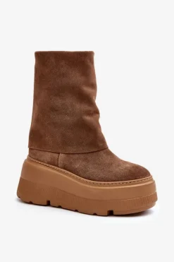 Sale 3410 Zamszowe Damskie Botki Na Masywnej Platformie Camel Damskie Botki Maciejka|Czarne Botki