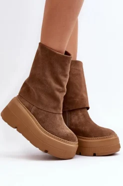 Sale 3410 Zamszowe Damskie Botki Na Masywnej Platformie Camel Damskie Botki Maciejka|Czarne Botki