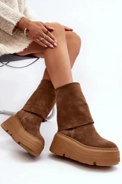 Sale 3410 Zamszowe Damskie Botki Na Masywnej Platformie Camel Damskie Botki Maciejka|Czarne Botki