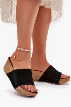 Best Zazoo 40311 Zamszowe Klapki Damskie Na Korkowym Koturnie Czarne