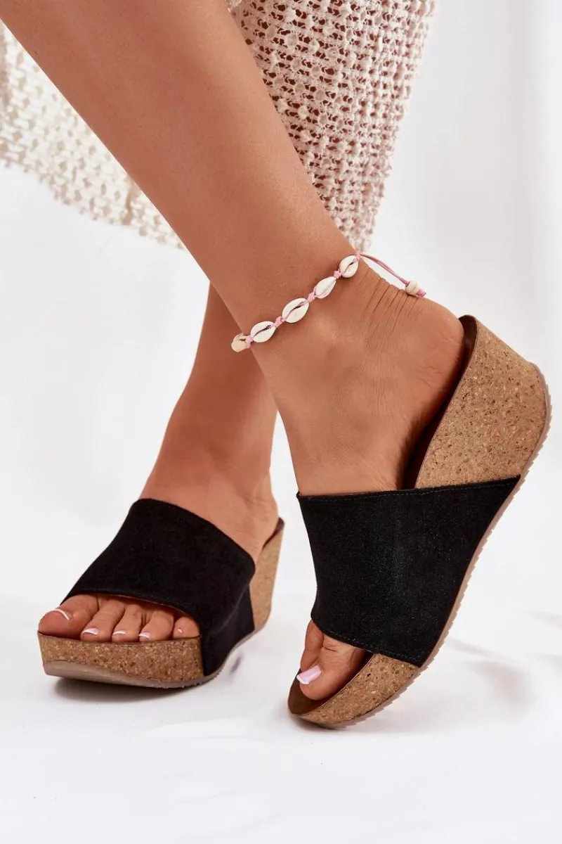 Best Zazoo 40311 Zamszowe Klapki Damskie Na Korkowym Koturnie Czarne