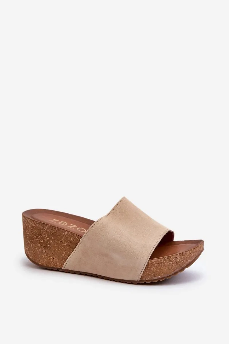 40311 Zamszowe Klapki Damskie Na Korkowym Koturnie Beżowe Damskie Klapki Na Koturnie|Klapki Korkowe