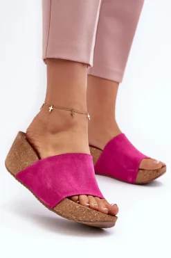 Klapki Na Koturnie|Klapki Korkowe>Zazoo 40311 Zamszowe Klapki Damskie Na Korkowym Koturnie Fuksja