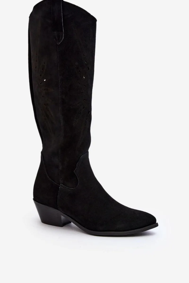 Kozaki Wiosenne|Kozaki Ażurowe>Zazoo 2909 Zamszowe Kozaki Ażurowe Na Niskim Obcasie Czarne Czarny