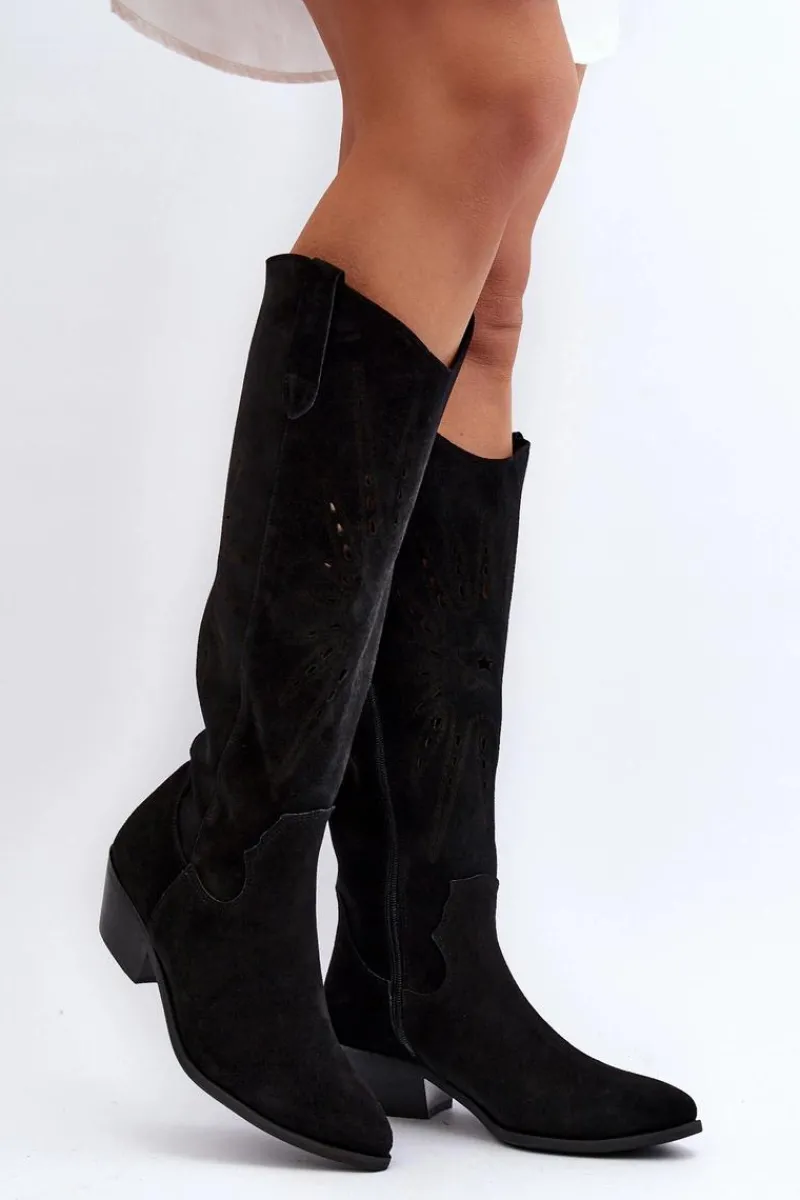 Kozaki Wiosenne|Kozaki Ażurowe>Zazoo 2909 Zamszowe Kozaki Ażurowe Na Niskim Obcasie Czarne Czarny