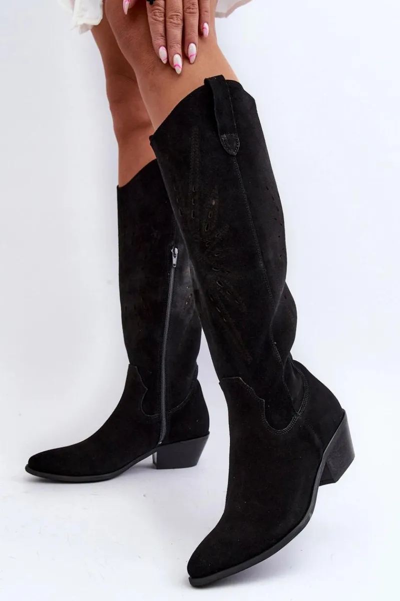 Kozaki Wiosenne|Kozaki Ażurowe>Zazoo 2909 Zamszowe Kozaki Ażurowe Na Niskim Obcasie Czarne Czarny