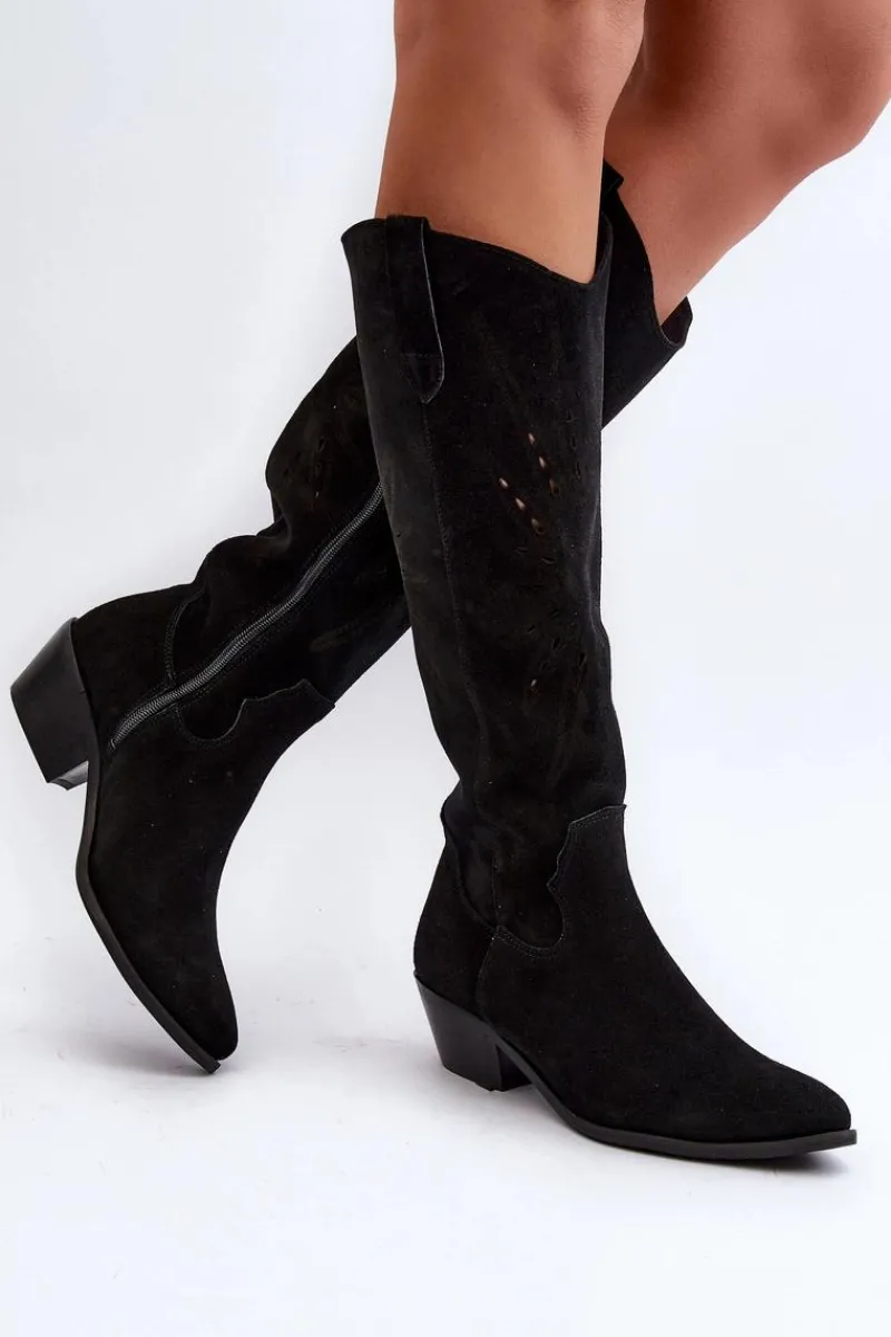 Kozaki Wiosenne|Kozaki Ażurowe>Zazoo 2909 Zamszowe Kozaki Ażurowe Na Niskim Obcasie Czarne Czarny