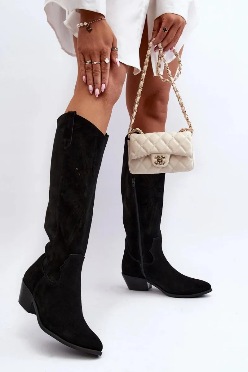 Kozaki Wiosenne|Kozaki Ażurowe>Zazoo 2909 Zamszowe Kozaki Ażurowe Na Niskim Obcasie Czarne Czarny