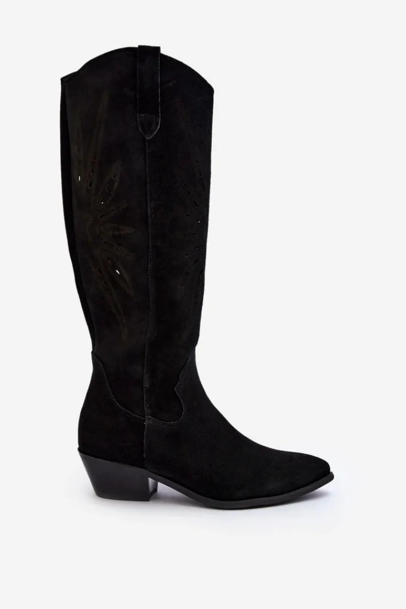 Kozaki Wiosenne|Kozaki Ażurowe>Zazoo 2909 Zamszowe Kozaki Ażurowe Na Niskim Obcasie Czarne Czarny