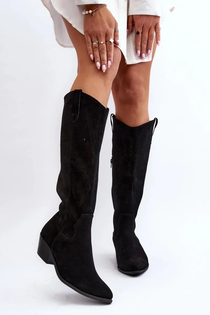 Kozaki Wiosenne|Kozaki Ażurowe>Zazoo 2909 Zamszowe Kozaki Ażurowe Na Niskim Obcasie Czarne Czarny