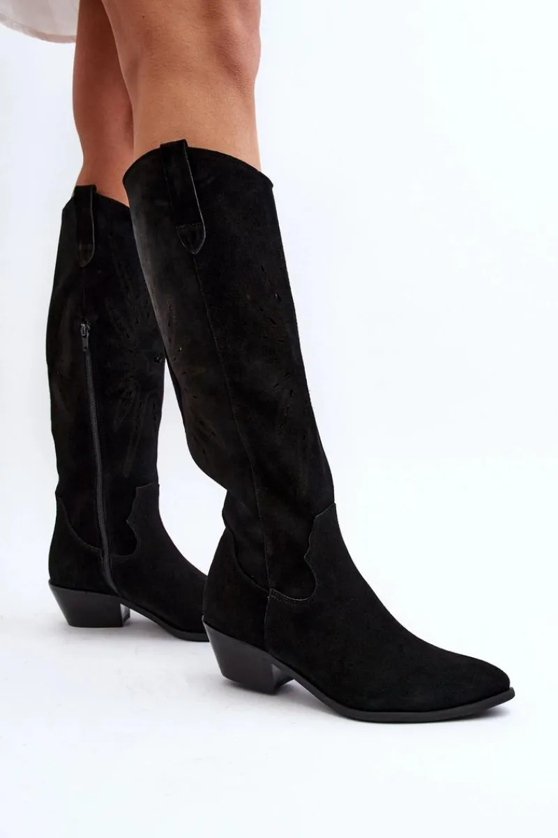 Kozaki Wiosenne|Kozaki Ażurowe>Zazoo 2909 Zamszowe Kozaki Ażurowe Na Niskim Obcasie Czarne Czarny