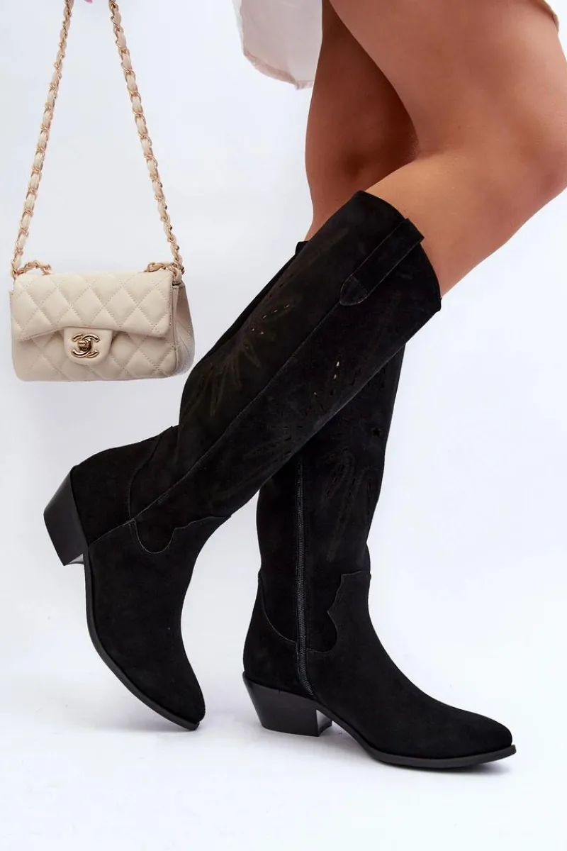 Kozaki Wiosenne|Kozaki Ażurowe>Zazoo 2909 Zamszowe Kozaki Ażurowe Na Niskim Obcasie Czarne Czarny