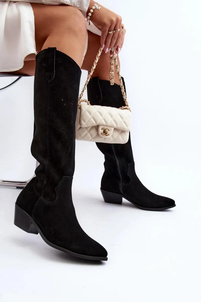 Kozaki Wiosenne|Kozaki Ażurowe>Zazoo 2909 Zamszowe Kozaki Ażurowe Na Niskim Obcasie Czarne Czarny