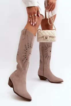 New Zazoo 2909 Zamszowe Kozaki Ażurowe Na Niskim Obcasie Beżowe Beżowy